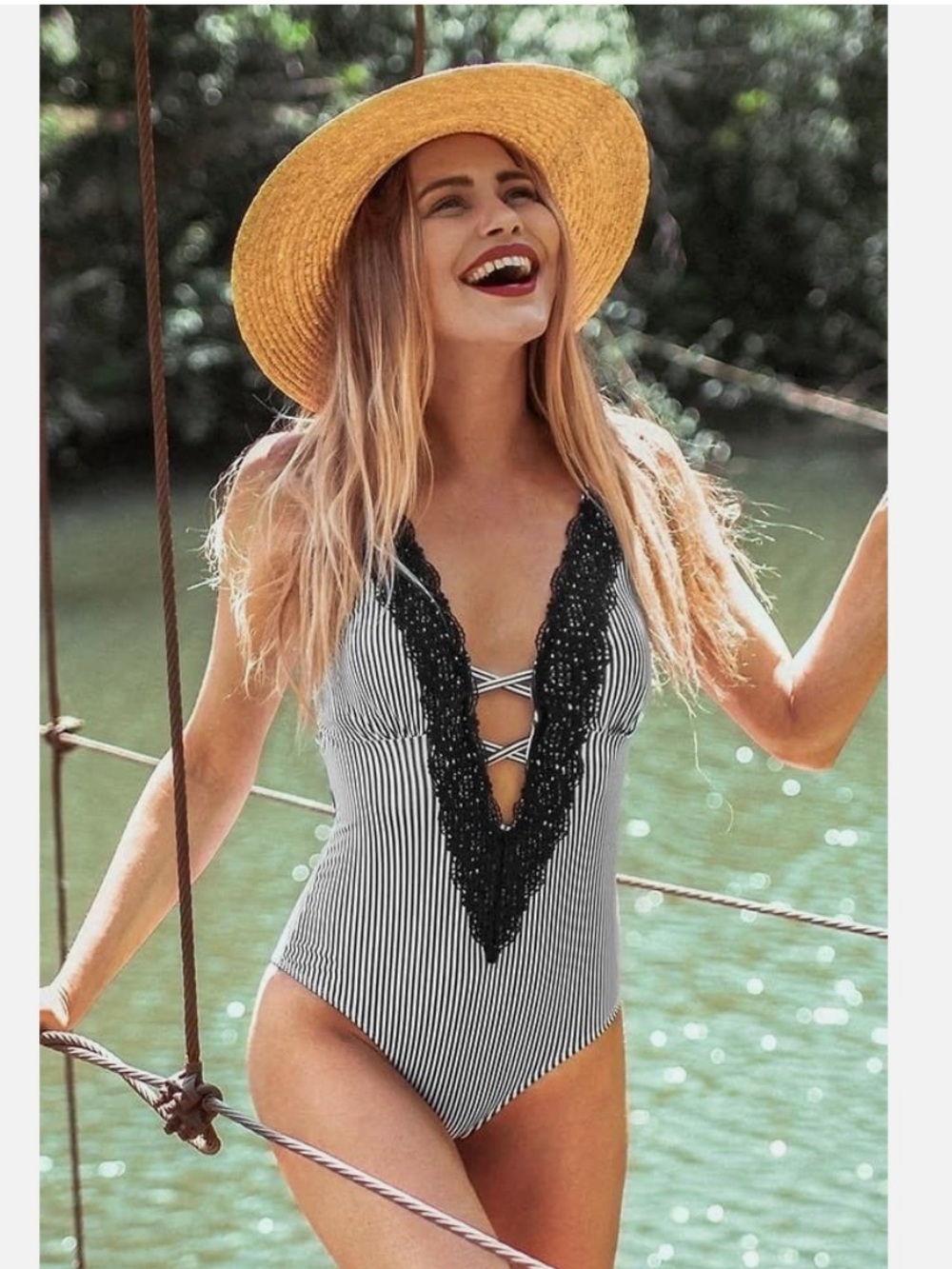 NWT Wish You Well Lace One-piece Swimsuit Striped lace trim one piece bikini